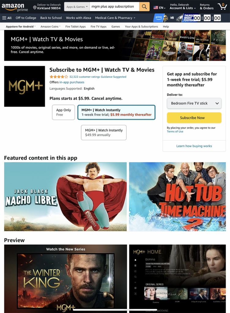 Amazon.com MGM plus app detail page