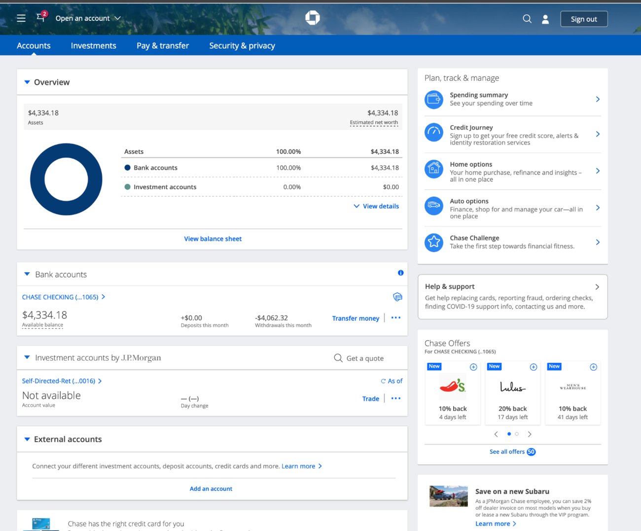 Account dashboard with Help