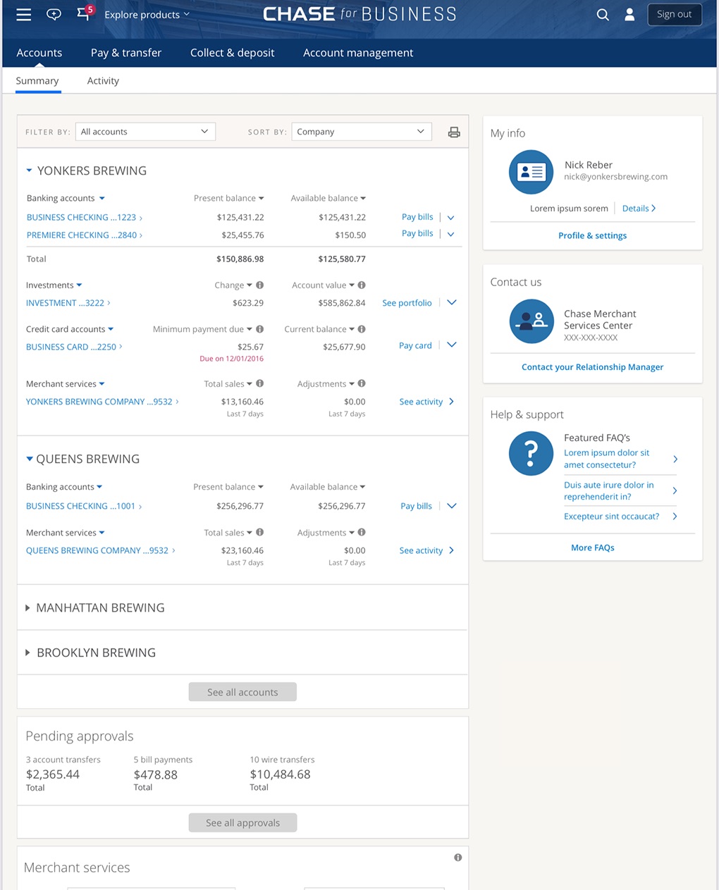 The Merchant Services widget placed on the Chase Business landing experience.