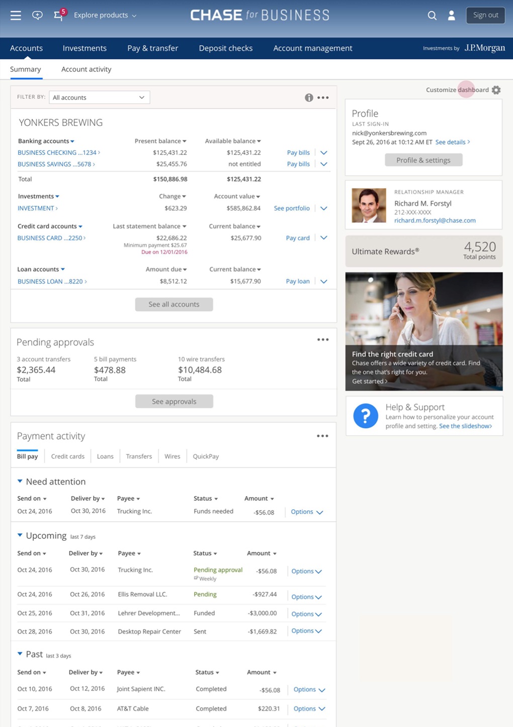 The Chase Business summary dashboard.