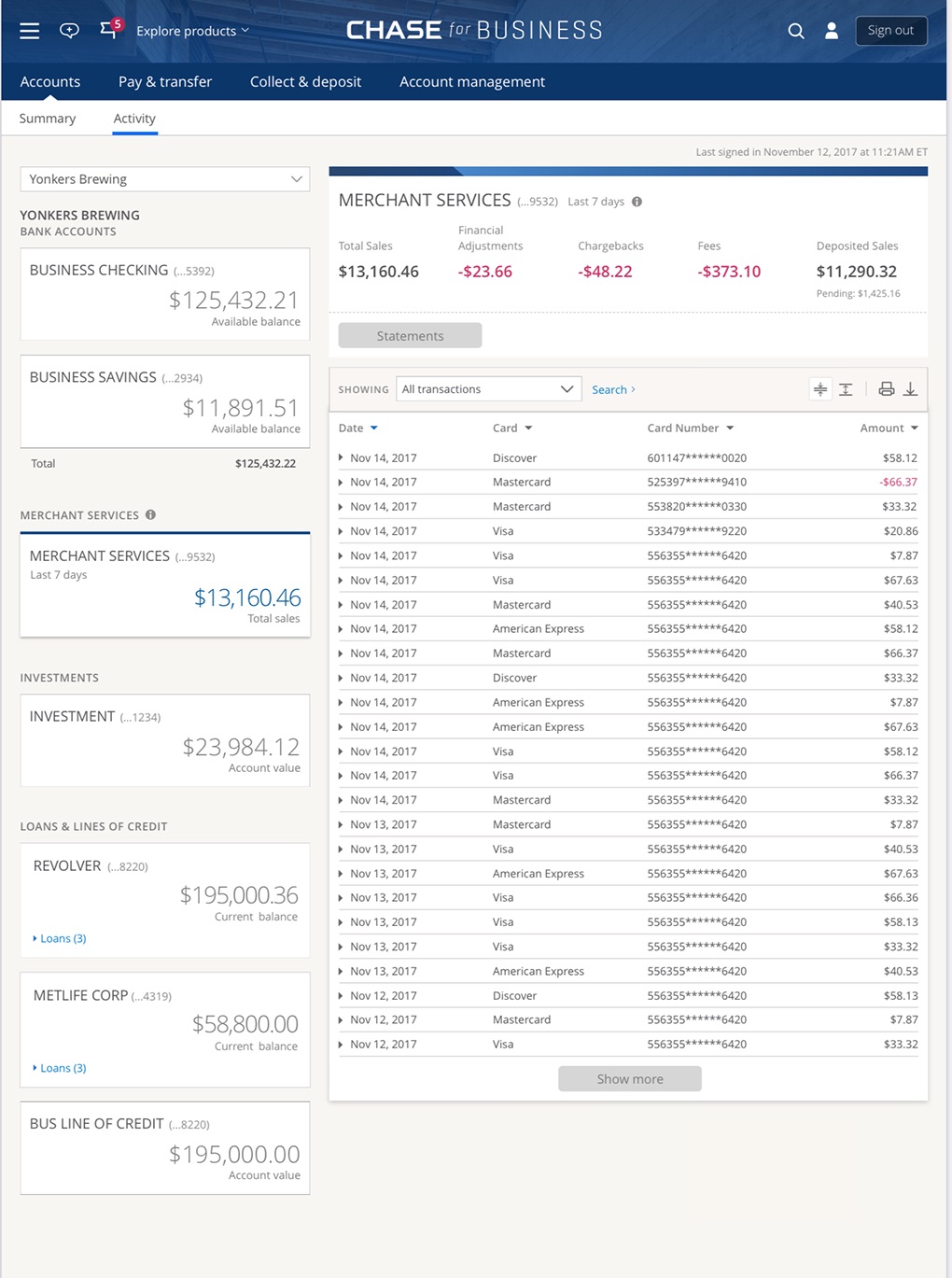 All transactions landing view — the Merchant Services summary on the accounts page.