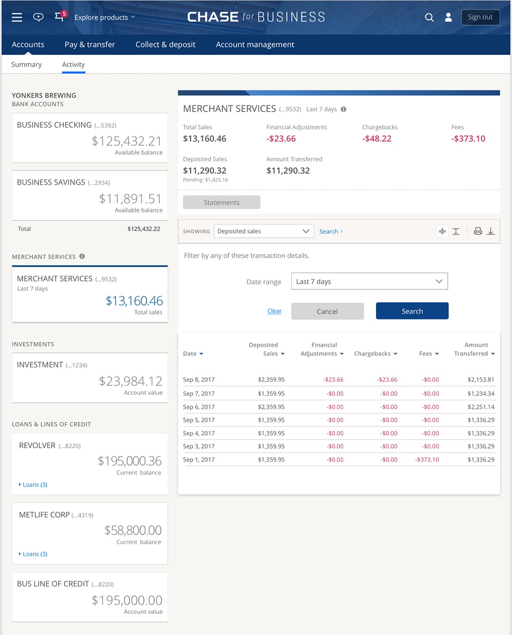 Deposited sales with a searchable, selectable date range.