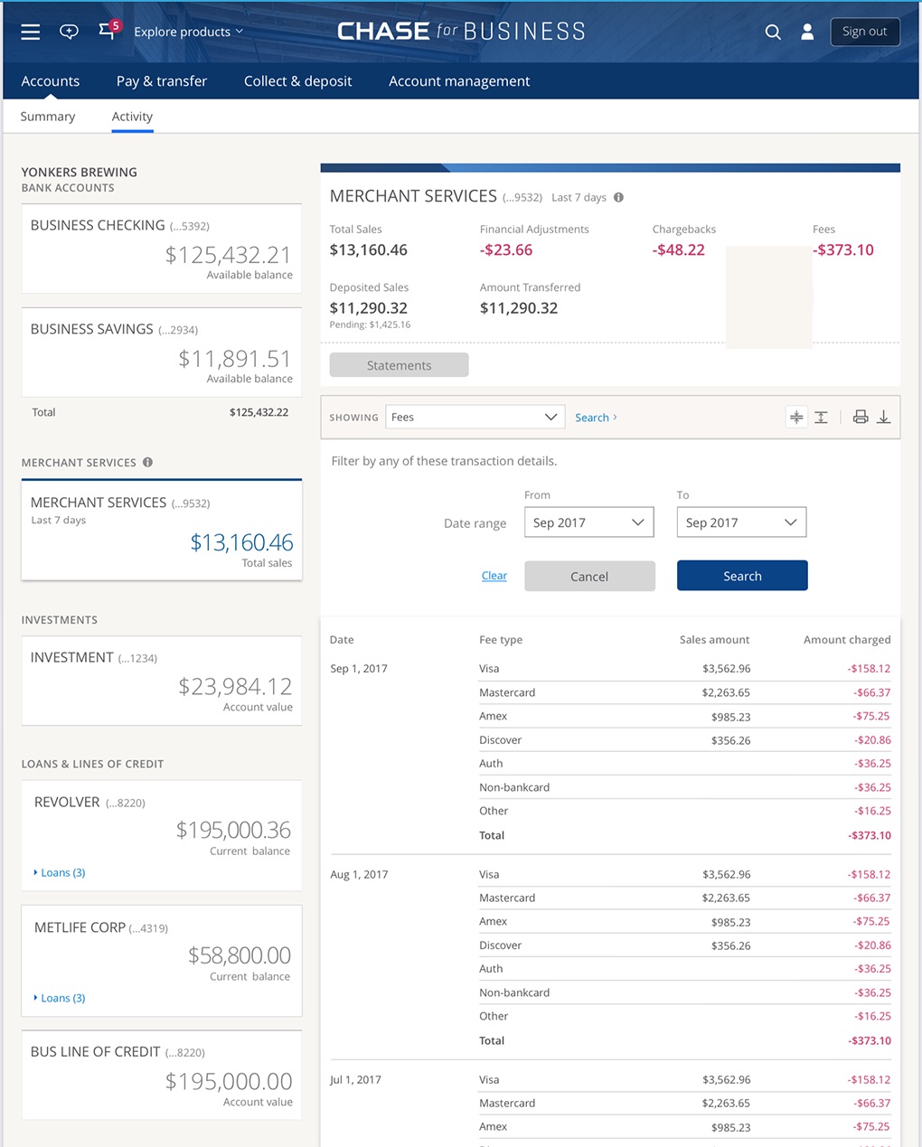 The fees view with a date range applied.
