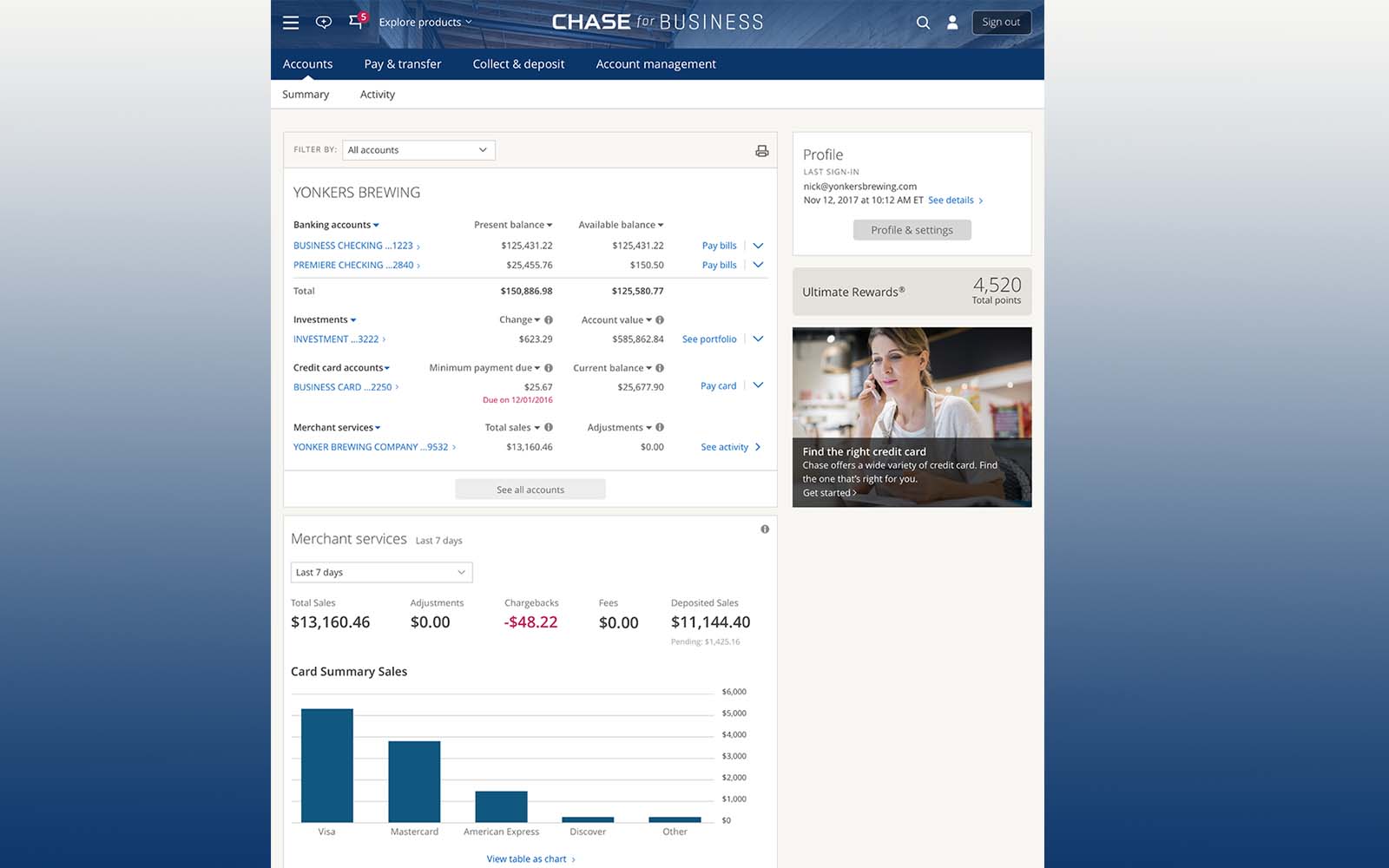 Adding a Merchant Services summary widget to the Chase Business homepage.