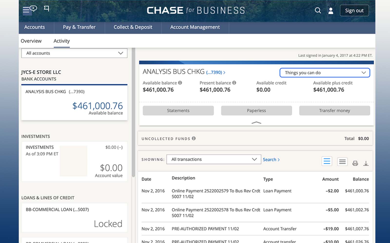The Chase for Business accounts and activity landing — Analysis Business Checking, balances, and transaction activity.