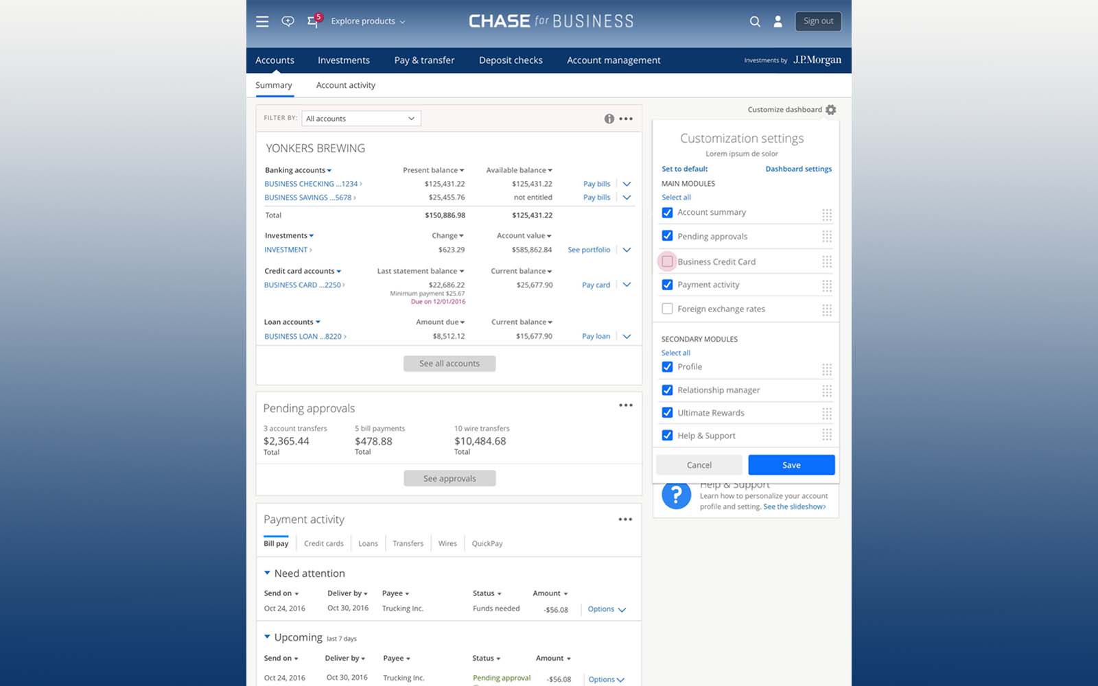 A vision concept for a customizable home-summary with the Merchant Services widget.